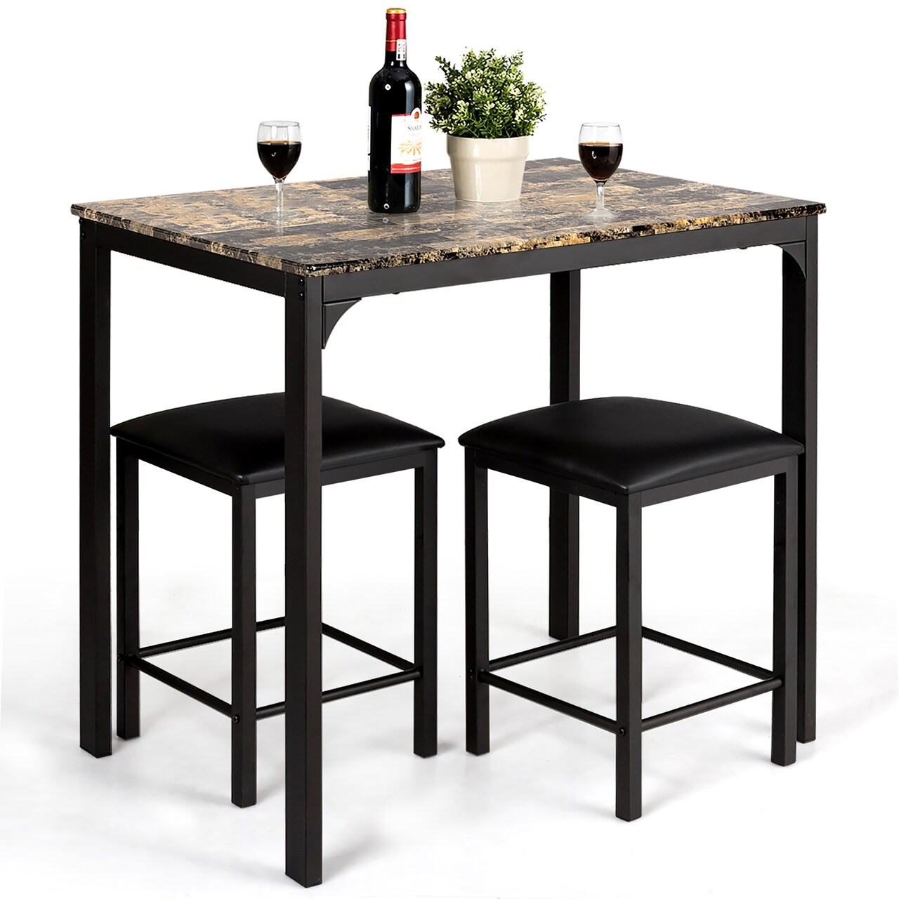 Costway 3 PCS Counter Height Dining Set Faux Marble Table 2 Chairs Kitchen Bar Furniture